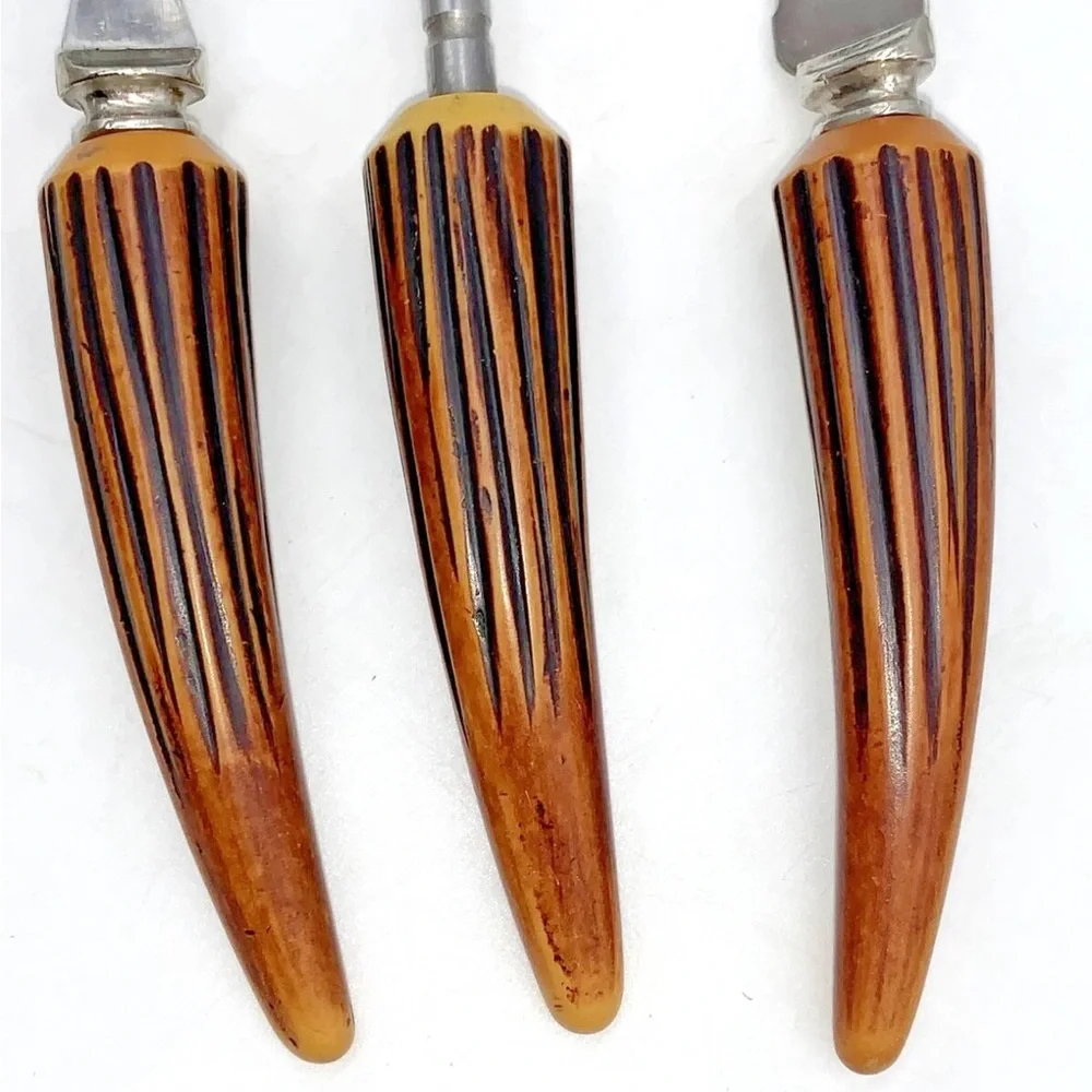 Vintage Carving Set Faux Antler E Parker & Sons Sheffield Stainless Blades 3 Pc